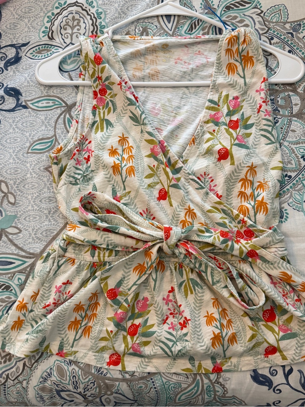 Spartina 449 Cream Floral Wrap Tank with Pink and Orange Accents
